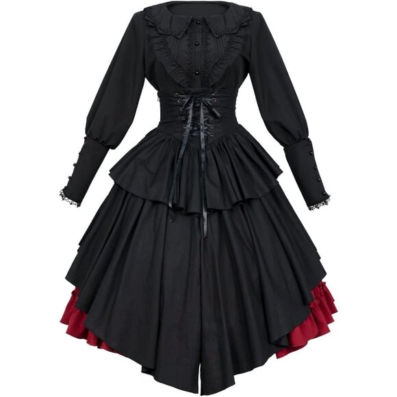 Women Black Victorian Dress 2PCS Set Steampunk Skirt Vintage Gothic Costume  - ohana-automobiles.fr
